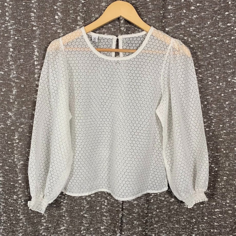 MORE White Sheer‎ Floral Pattern Women's Long Sleeve Shirt Boho Cottagecore